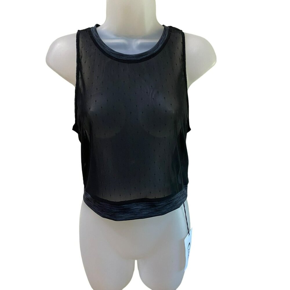 NWT ZYIA Active Women's Calm Luxe High Neck Mesh Tank Top Polka Dot Black Sz Lar - Picture 3 of 10
